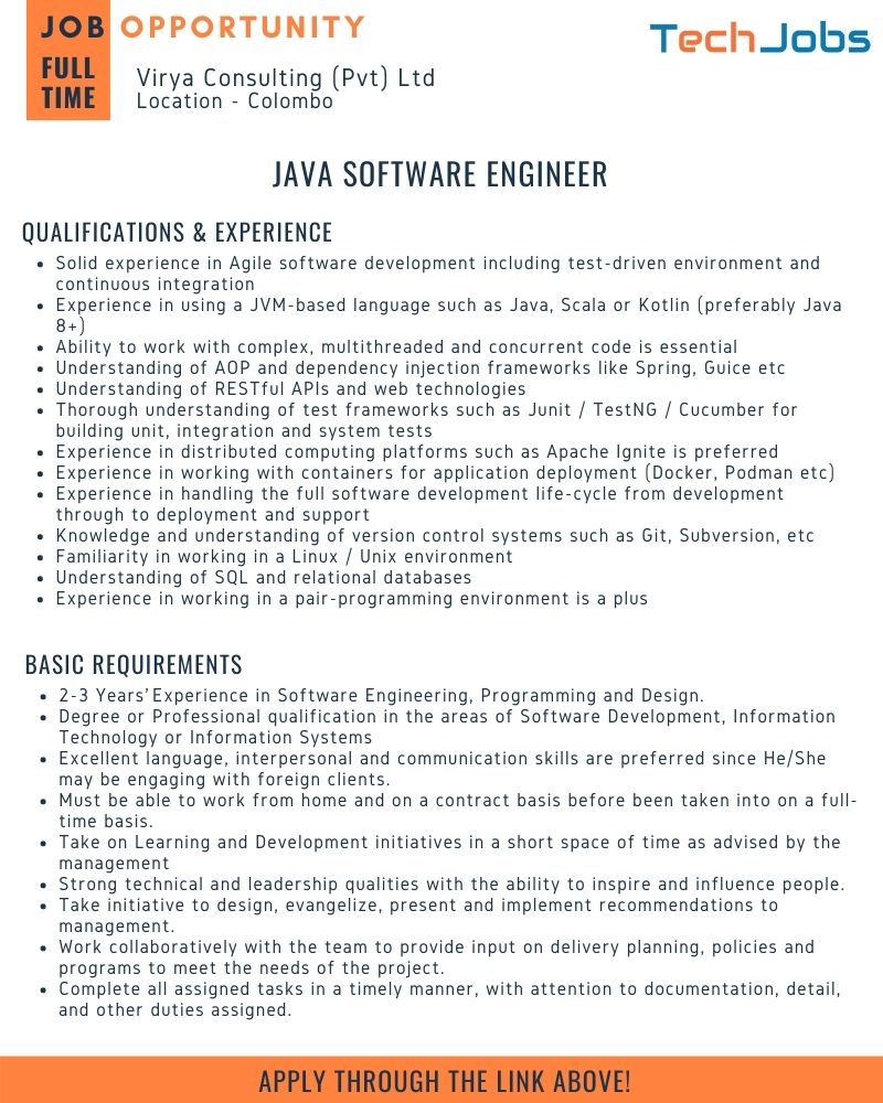 Virya Consulting (Pvt) Ltd - Java Software Engineer - TechJobs